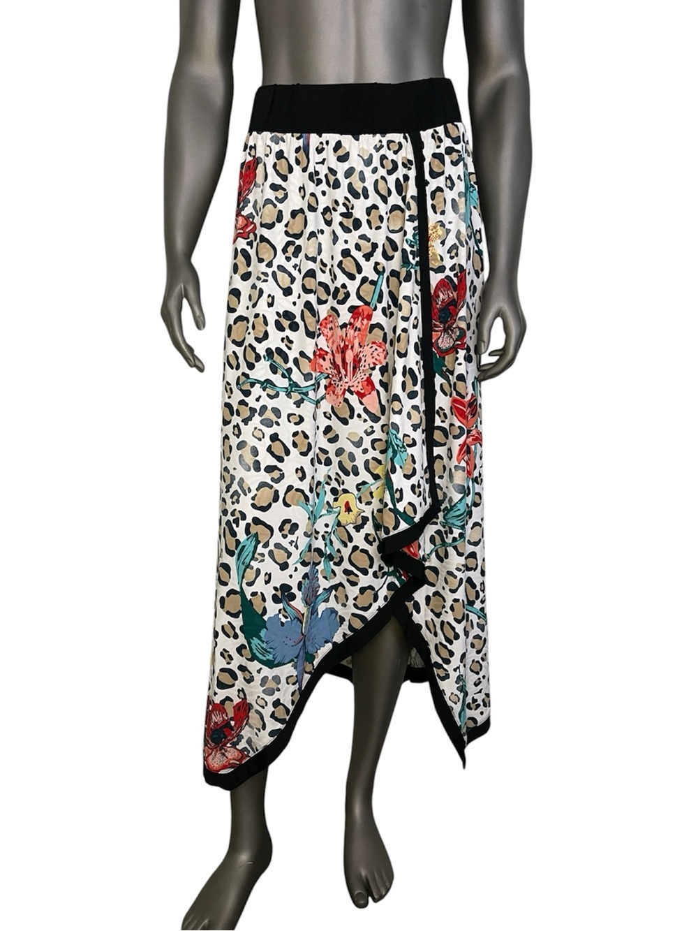 Soft Surroundings Skirt S Floral Leopard Print Asymmetrical Midi White Flowy